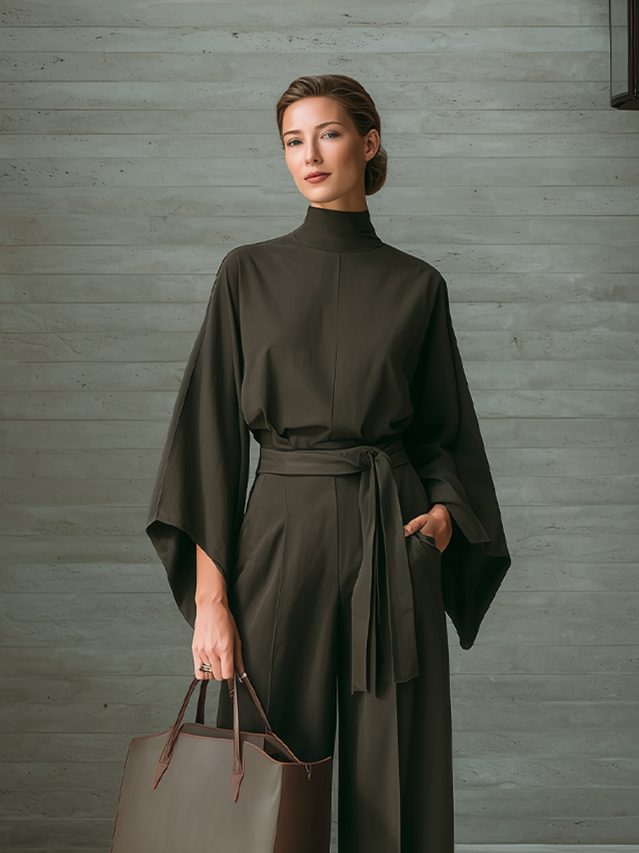 Women's Belted Elegant Solid High Neck Batwing Wide Leg Jumpsuit