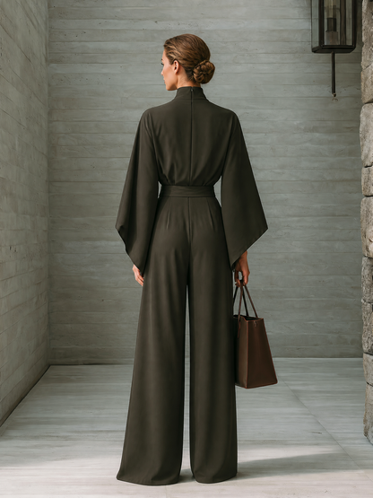 Women's Belted Elegant Solid High Neck Batwing Wide Leg Jumpsuit
