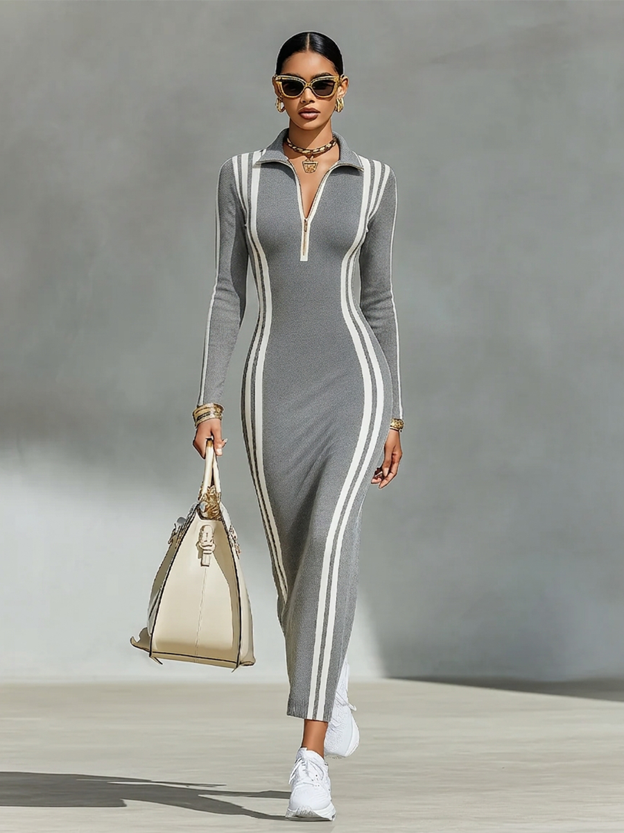 Women's Bodycon Sporty Stripe Zip Polo Collar Knit Maxi Dress