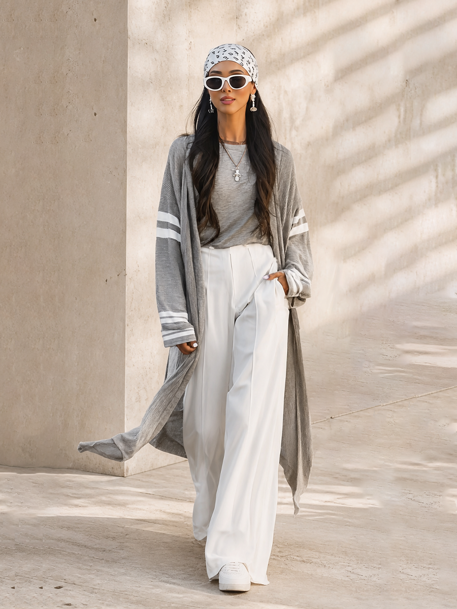 Women's Long Loose Casual Stripe Sleeve Open Front Knit Cardigan