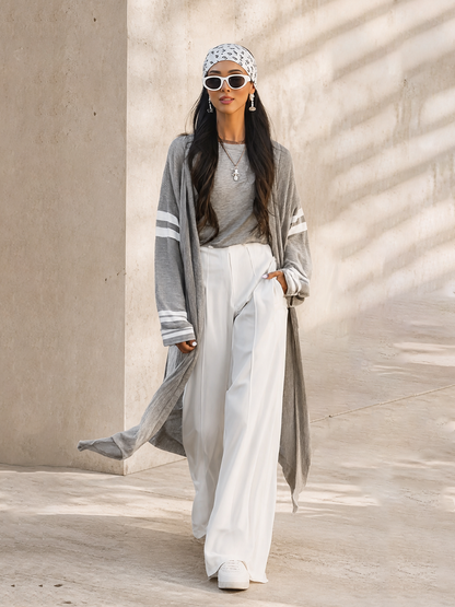 Women's Long Loose Casual Stripe Sleeve Open Front Knit Cardigan