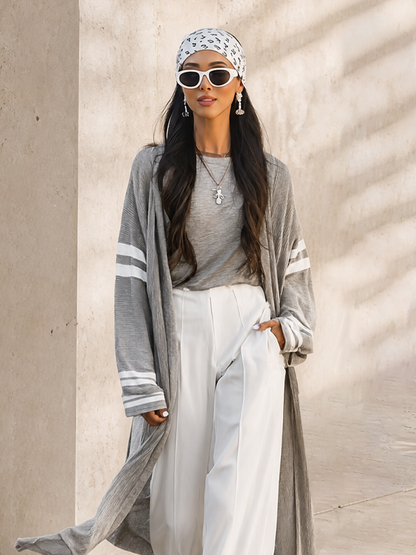 Women's Long Loose Casual Stripe Sleeve Open Front Knit Cardigan