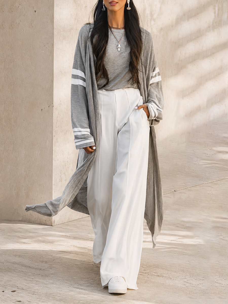 Women's Long Loose Casual Stripe Sleeve Open Front Knit Cardigan