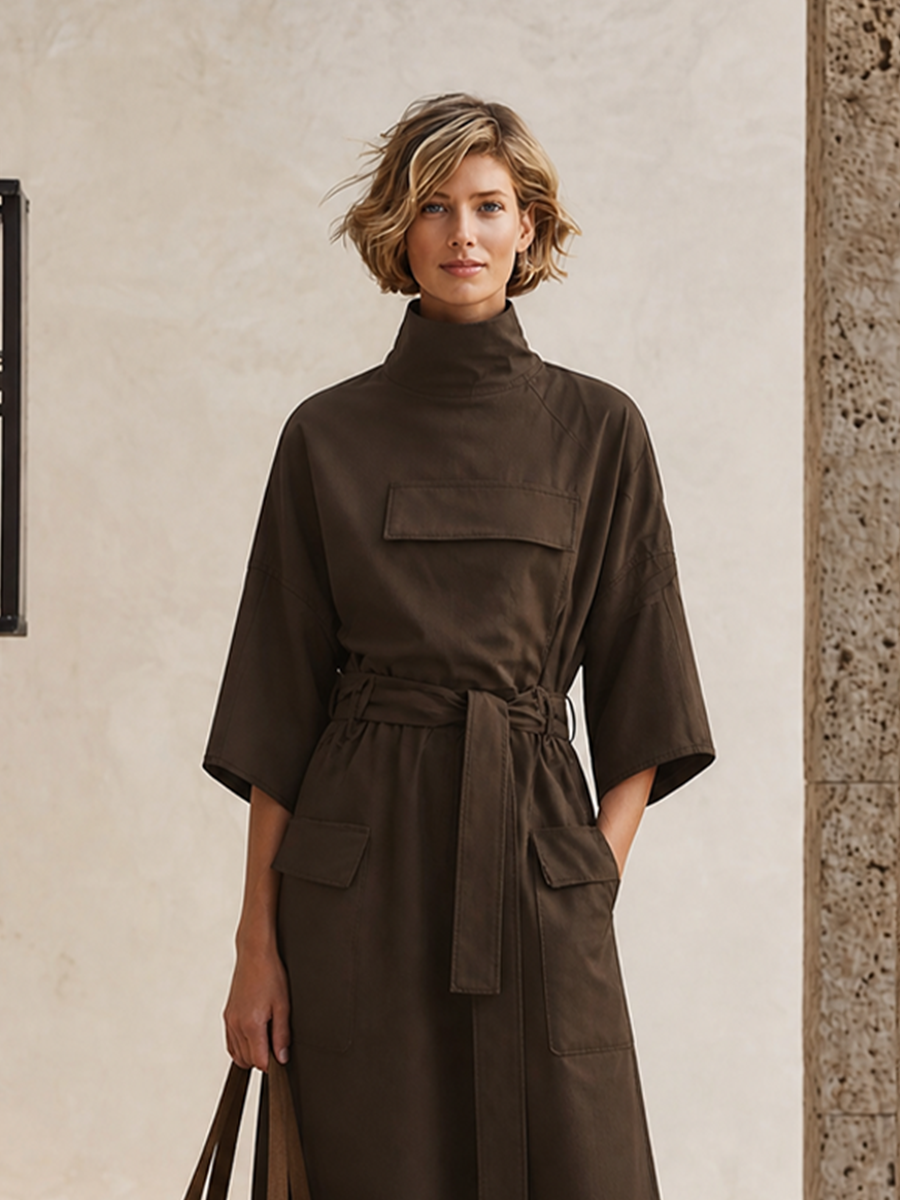 Women's Pocket Design Casual Solid Stand Collar Three Quarter Sleeve Dress