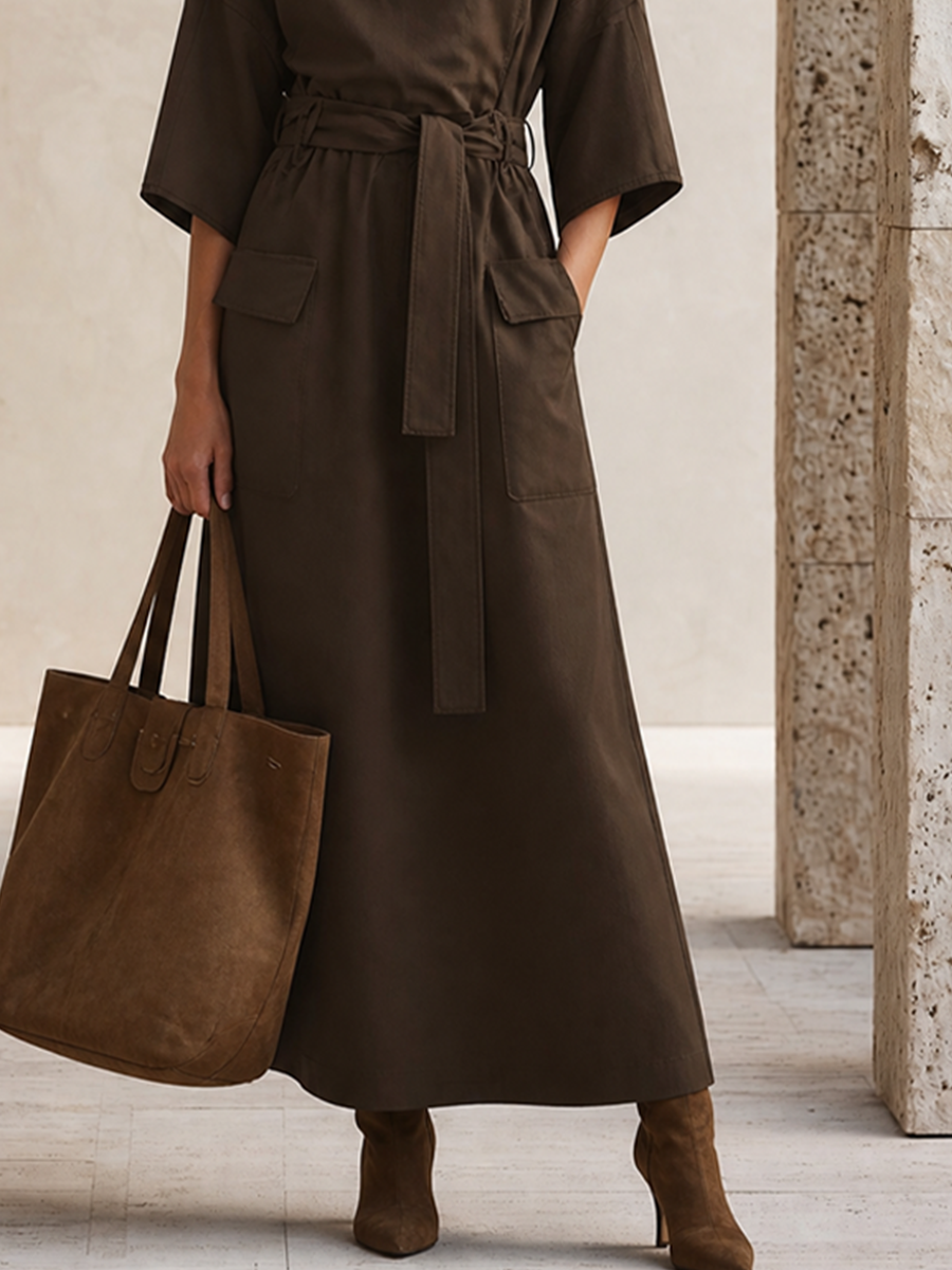 Women's Pocket Design Casual Solid Stand Collar Three Quarter Sleeve Dress