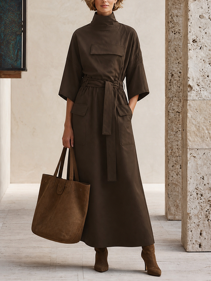 Women's Pocket Design Casual Solid Stand Collar Three Quarter Sleeve Dress