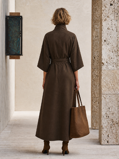 Women's Pocket Design Casual Solid Stand Collar Three Quarter Sleeve Dress
