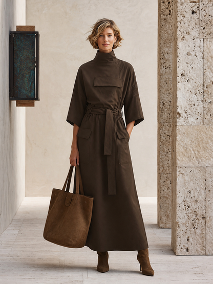 Women's Pocket Design Casual Solid Stand Collar Three Quarter Sleeve Dress