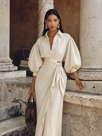 Women's Split Slim Chic Solid Lapel Lantern Sleeve Co Ord Set
