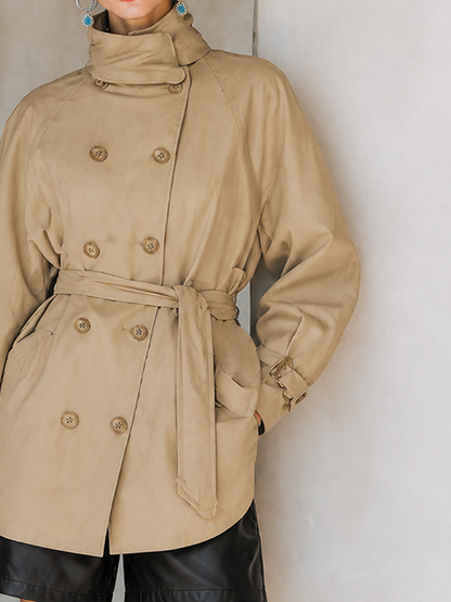 Women's Waist Belted Classic Solid Cotton Stand Collar Short Trench Coat