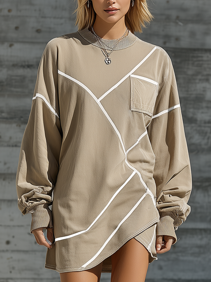 Women's Geometric Khaki Cotton Sweatshirt Dress