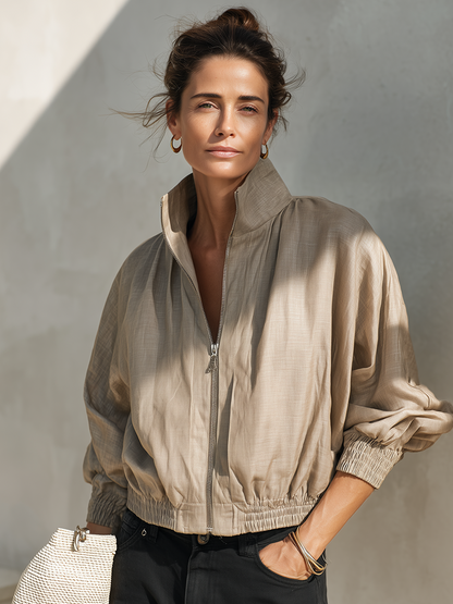 Women's Short Casual Zip-Up Jacket With Stand Collar