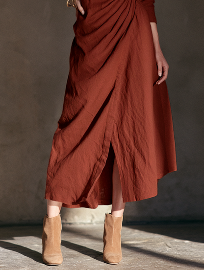 Women's Minimalist Collared Pleated Long-Sleeve Midi Dress