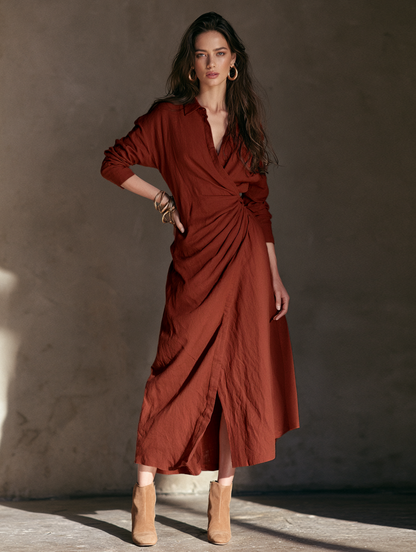 Women's Minimalist Collared Pleated Long-Sleeve Midi Dress