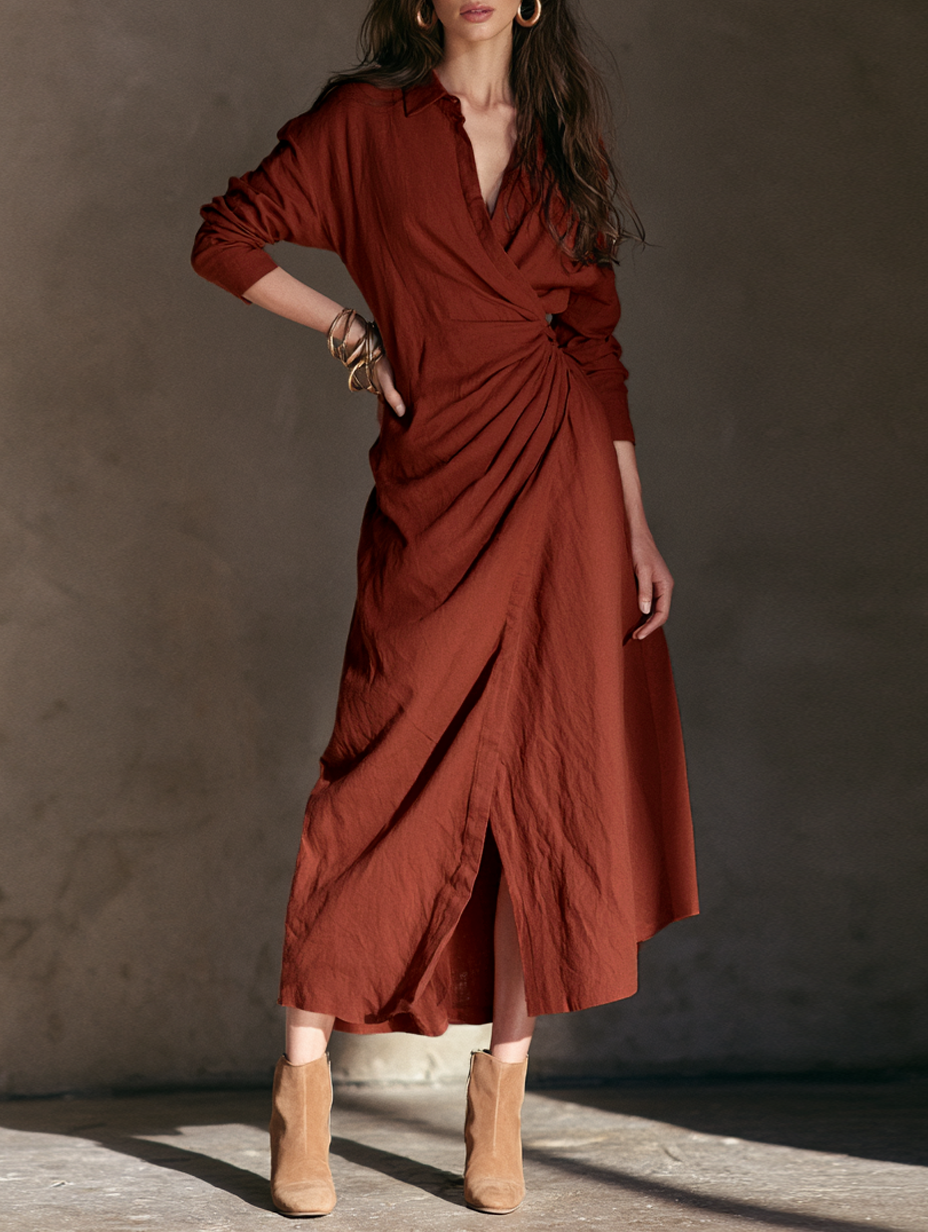 Women's Minimalist Collared Pleated Long-Sleeve Midi Dress