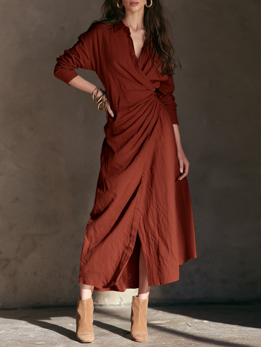 Women's Minimalist Collared Pleated Long-Sleeve Midi Dress