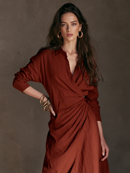 Women's Minimalist Collared Pleated Long-Sleeve Midi Dress