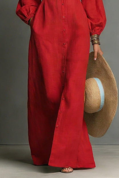 Women's Minimalist Single-breasted Long-sleeve Maxi Dress With A Fitted Waist
