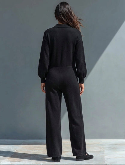 Women's Casual Knit Collared Single-Breasted Jumpsuit