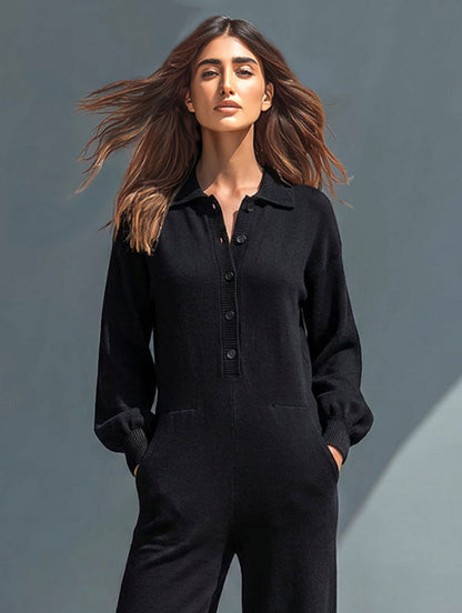 Women's Casual Knit Collared Single-Breasted Jumpsuit