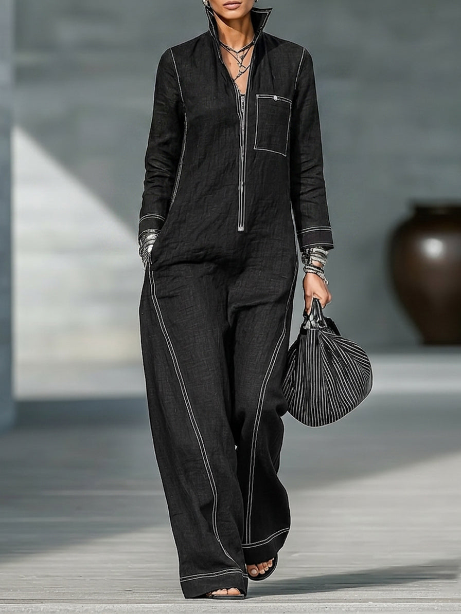 Women's Minimalist Long-Sleeve Jumpsuit With Zip-Up Stand Collar