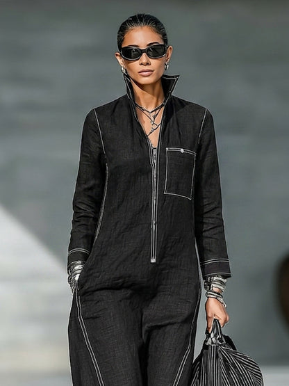 Women's Minimalist Long-Sleeve Jumpsuit With Zip-Up Stand Collar
