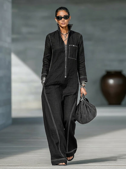 Women's Minimalist Long-Sleeve Jumpsuit With Zip-Up Stand Collar