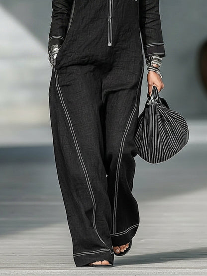 Women's Minimalist Long-Sleeve Jumpsuit With Zip-Up Stand Collar