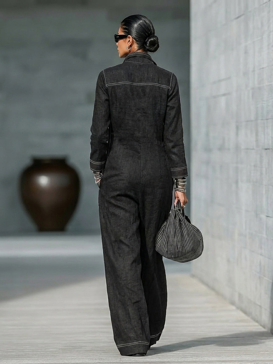 Women's Minimalist Long-Sleeve Jumpsuit With Zip-Up Stand Collar
