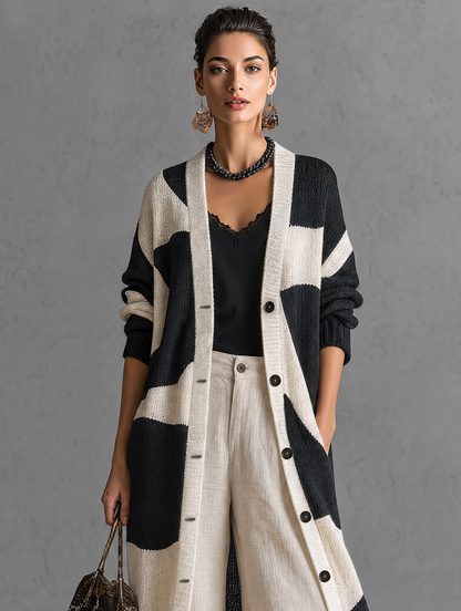 Women's Minimalist Color-Block Jacquard Single-Breasted Long Cardigan
