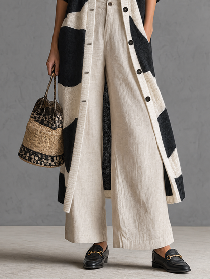 Women's Minimalist Color-Block Jacquard Single-Breasted Long Cardigan