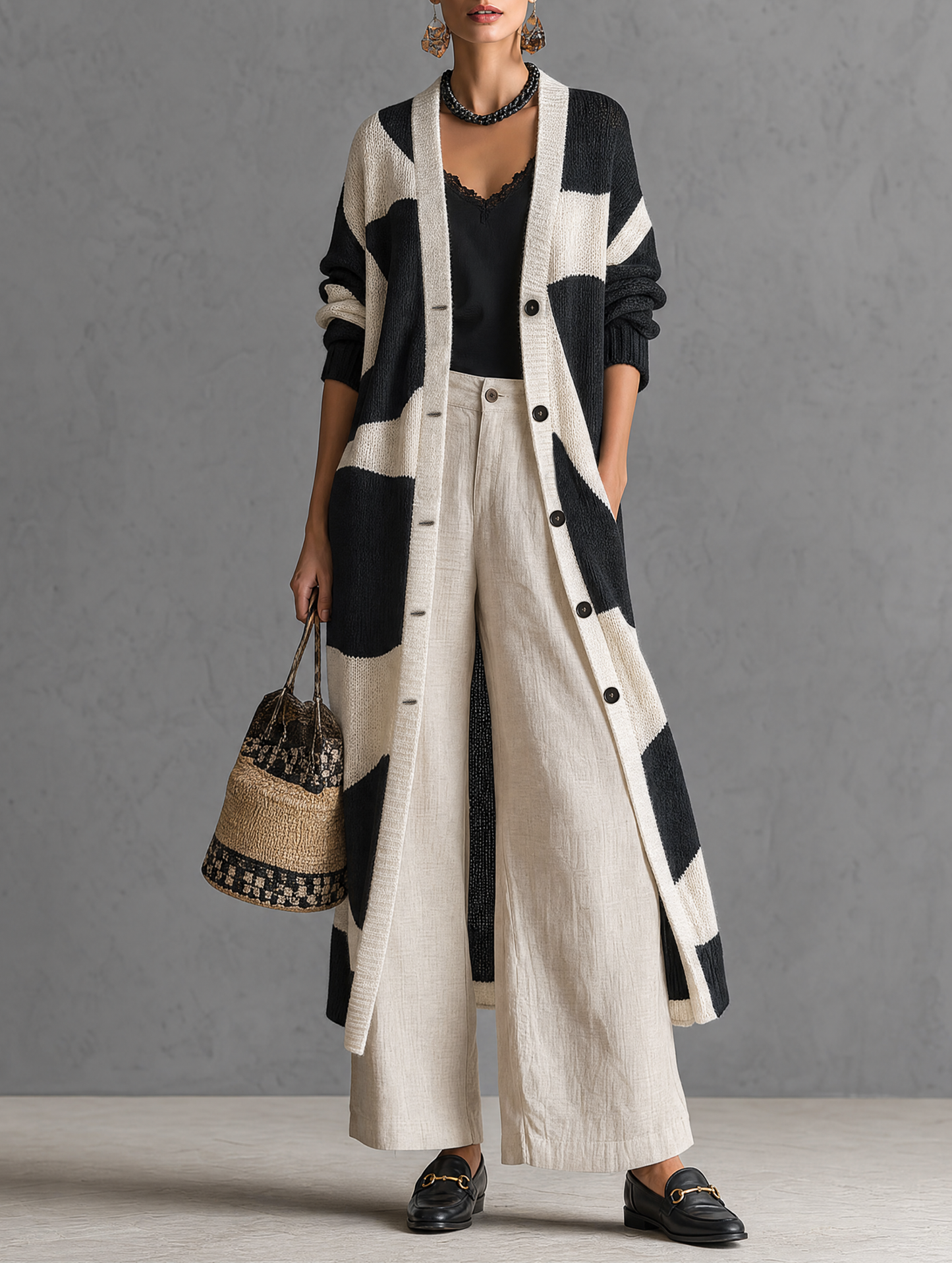 Women's Minimalist Color-Block Jacquard Single-Breasted Long Cardigan