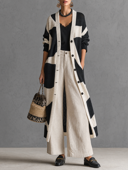 Women's Minimalist Color-Block Jacquard Single-Breasted Long Cardigan