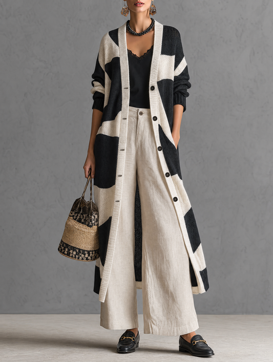 Women's Minimalist Color-Block Jacquard Single-Breasted Long Cardigan