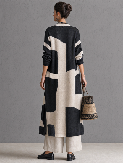 Women's Minimalist Color-Block Jacquard Single-Breasted Long Cardigan