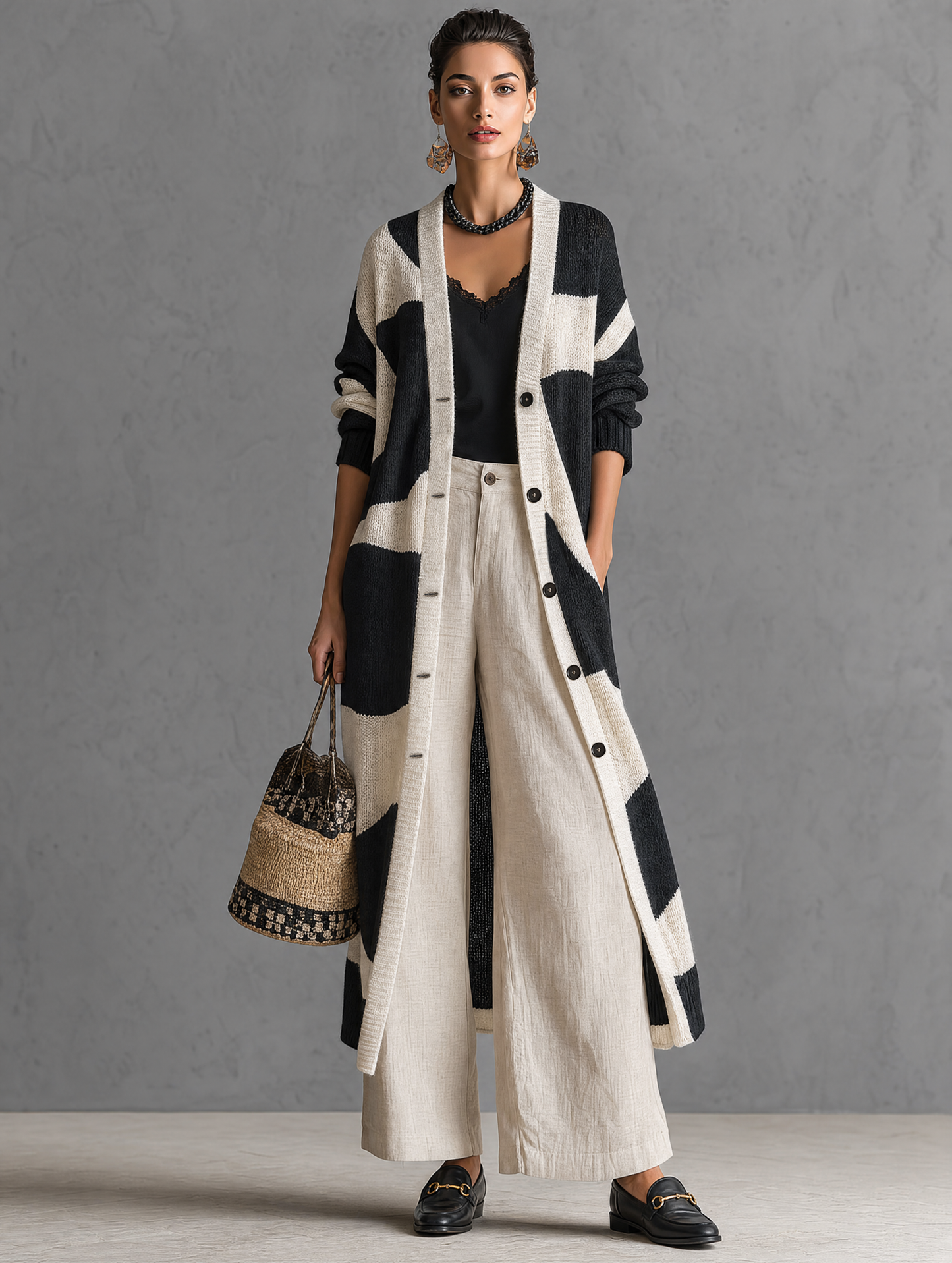 Women's Minimalist Color-Block Jacquard Single-Breasted Long Cardigan