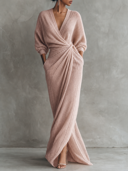 Women's Minimalist V-Neck Knitted Maxi Dress With Cinched Waist