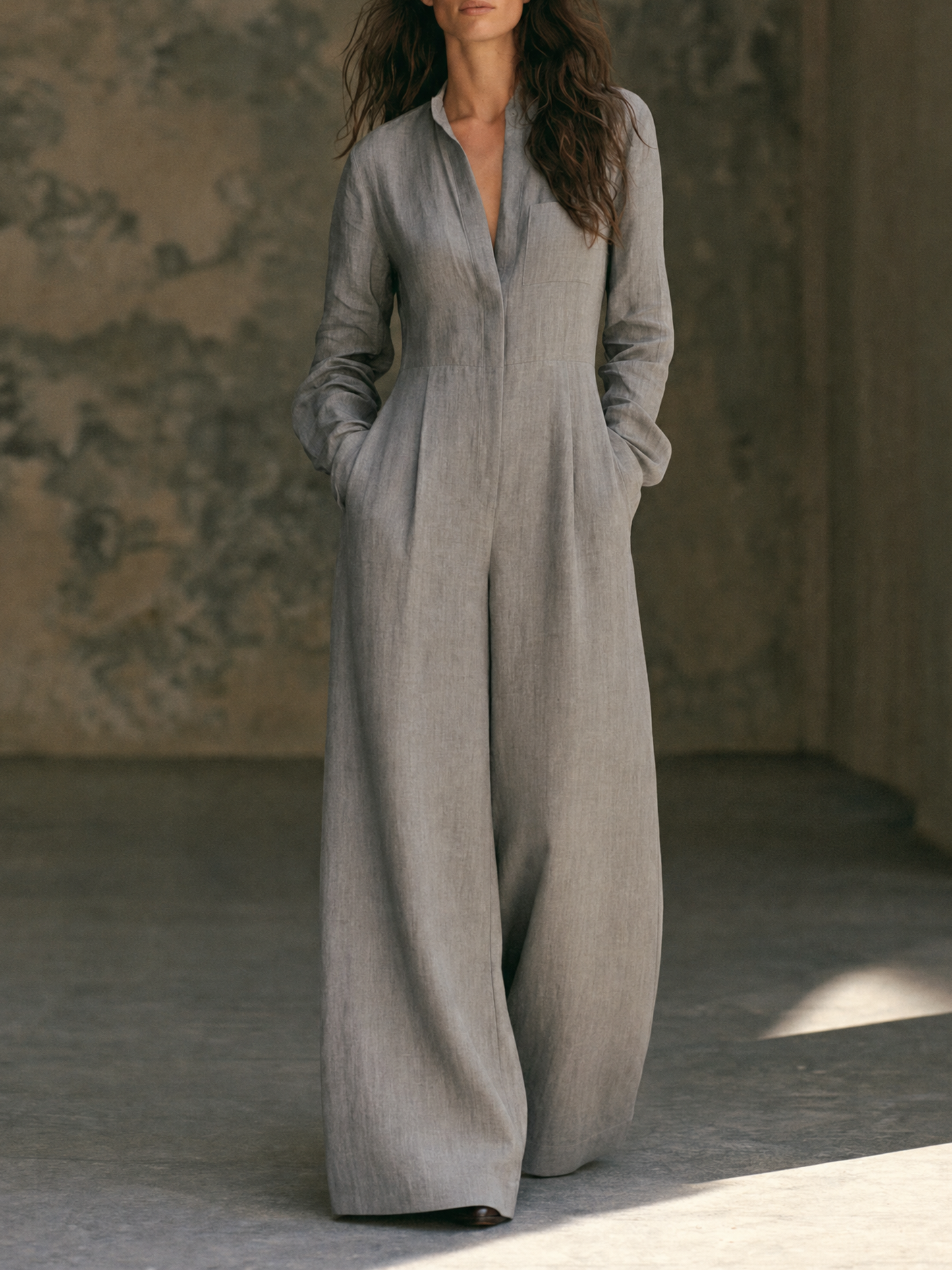 Women's Minimalist Long-Sleeve Wide-Leg Jumpsuit With Invisible Zipper