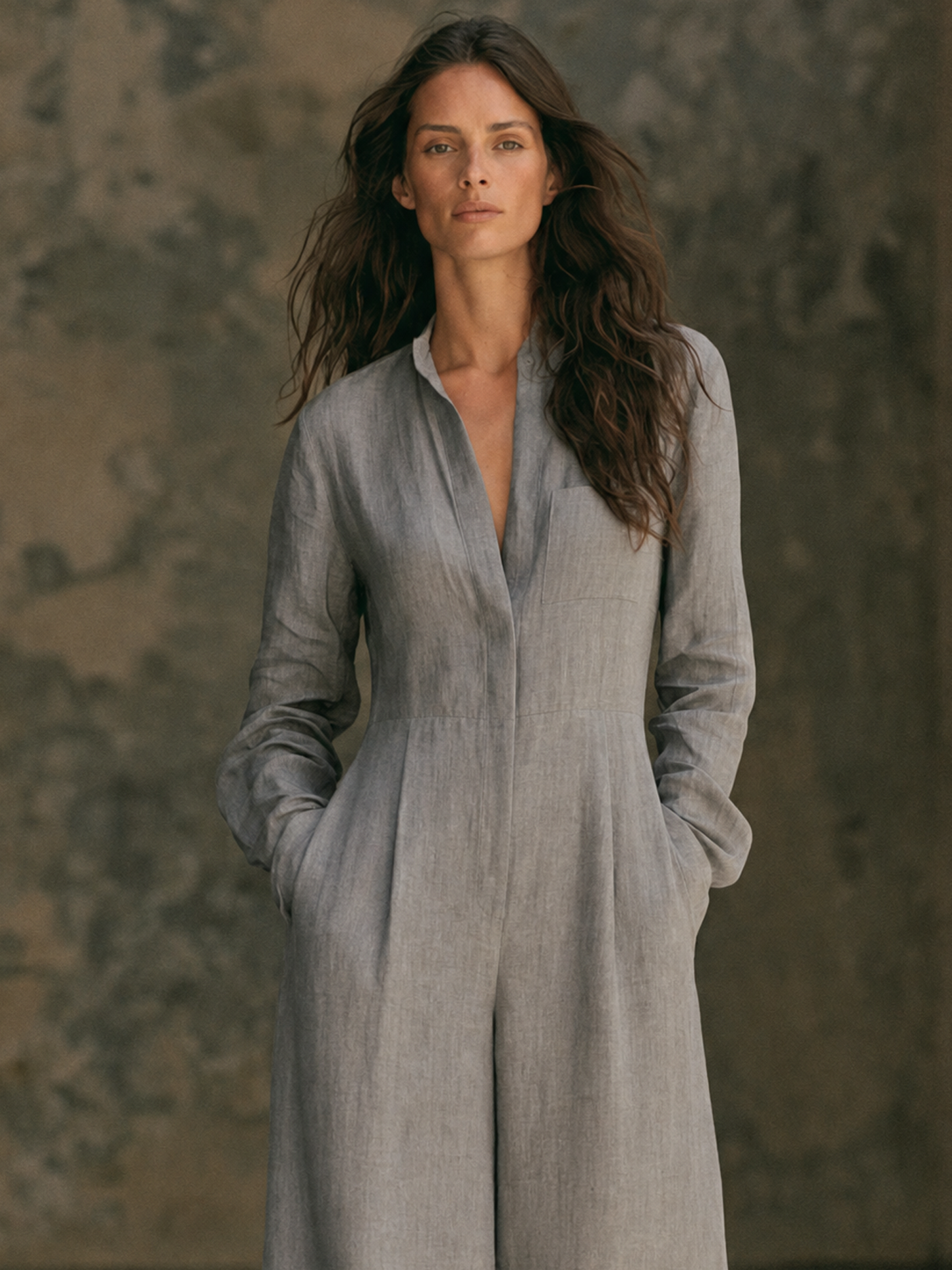 Women's Minimalist Long-Sleeve Wide-Leg Jumpsuit With Invisible Zipper