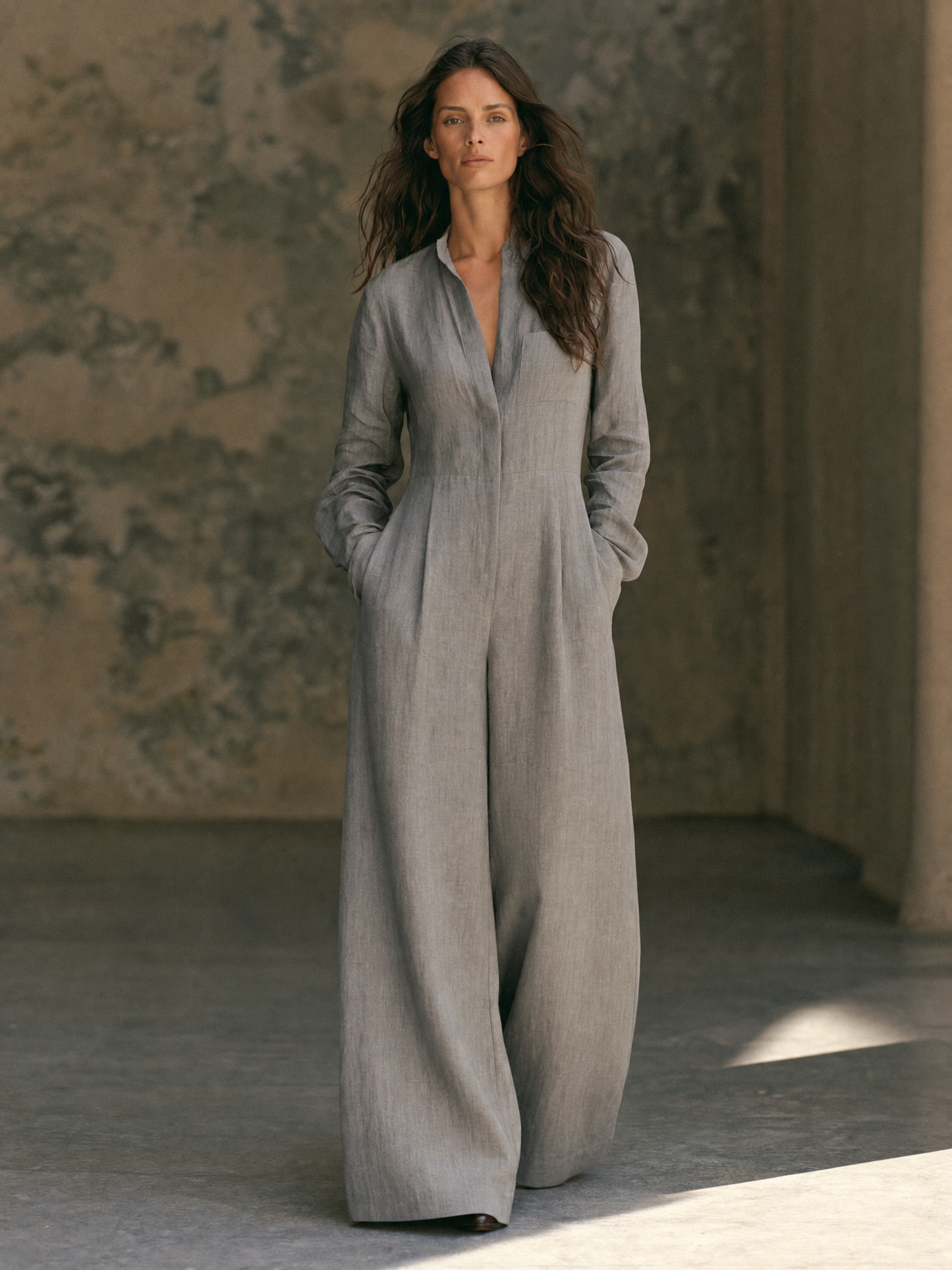 Women's Minimalist Long-Sleeve Wide-Leg Jumpsuit With Invisible Zipper