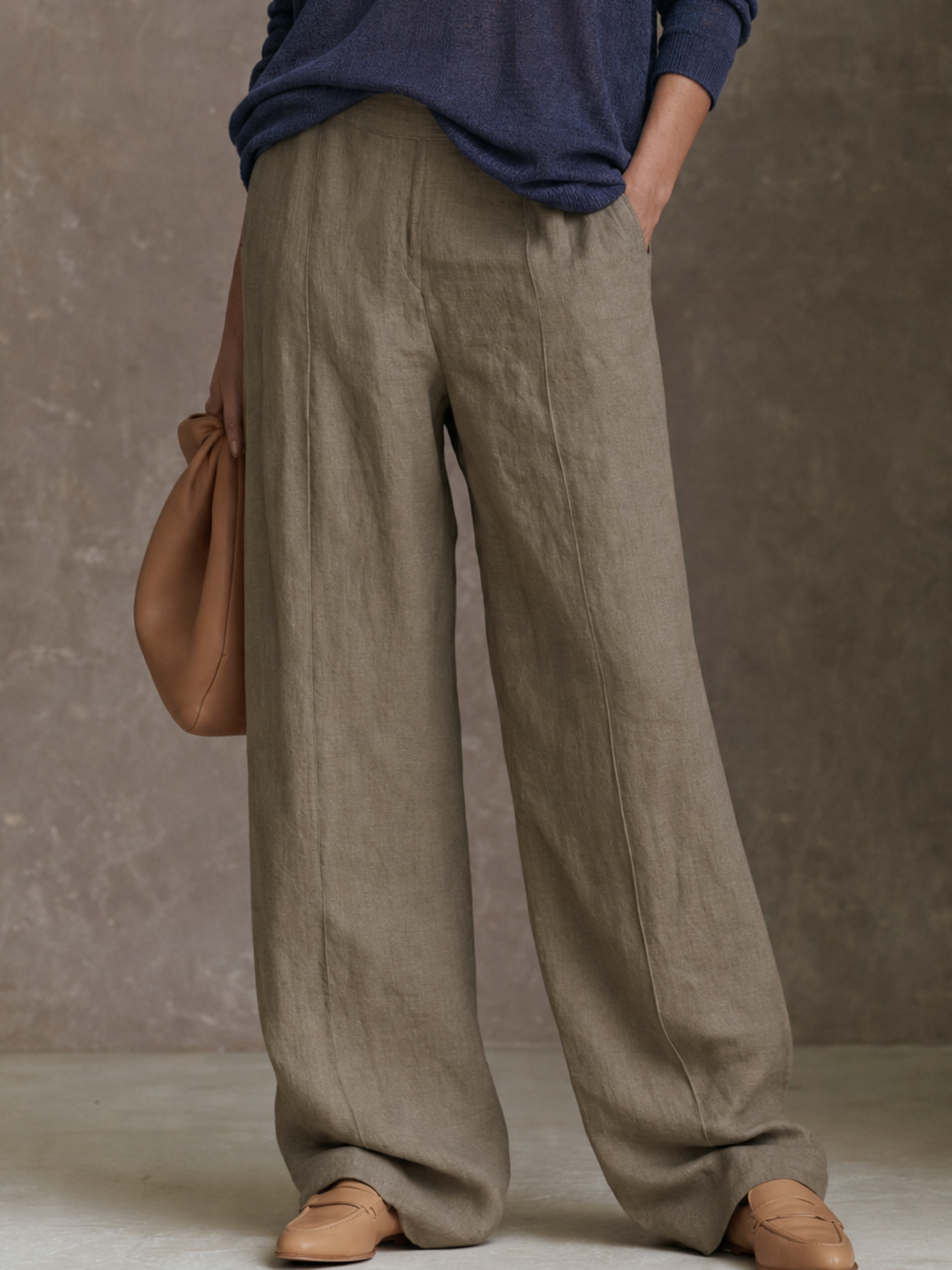 Women's Minimalist V-Neck Knit Top And Wide-Leg Pants Set