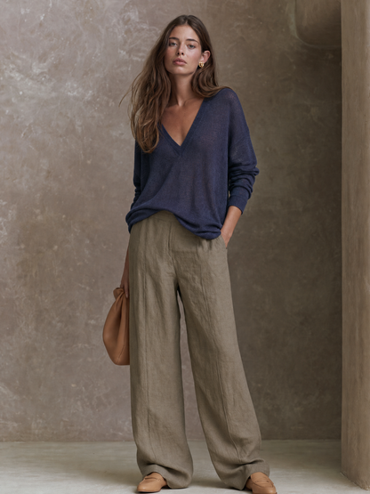 Women's Minimalist V-Neck Knit Top And Wide-Leg Pants Set