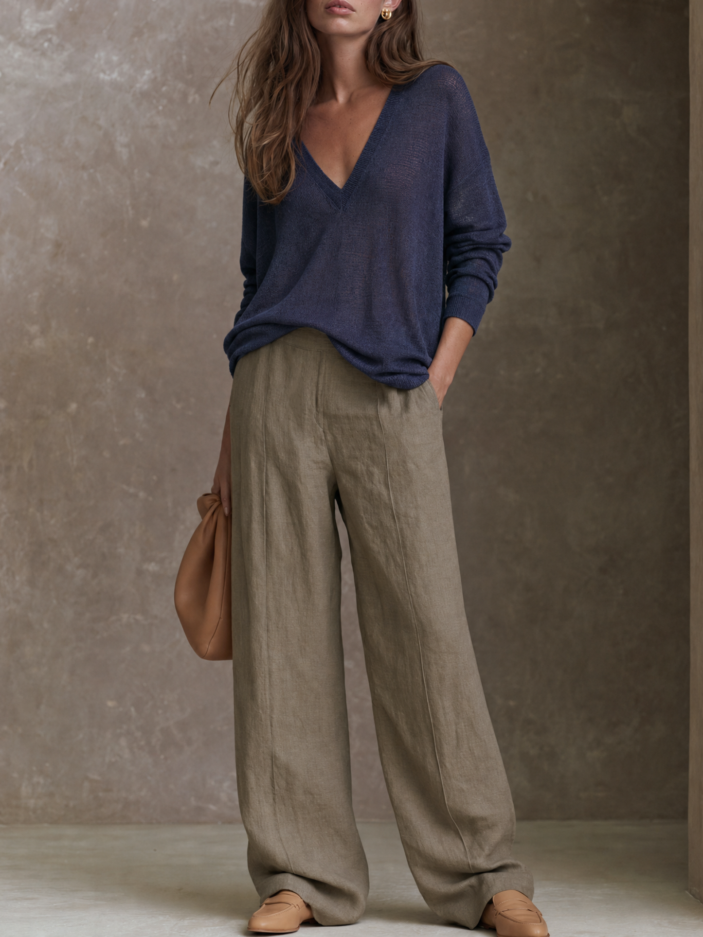 Women's Minimalist V-Neck Knit Top And Wide-Leg Pants Set