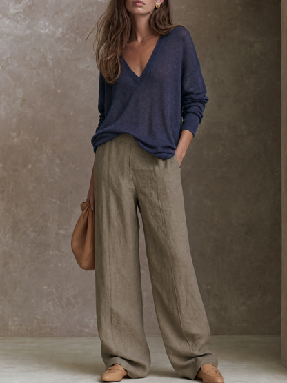 Women's Minimalist V-Neck Knit Top And Wide-Leg Pants Set