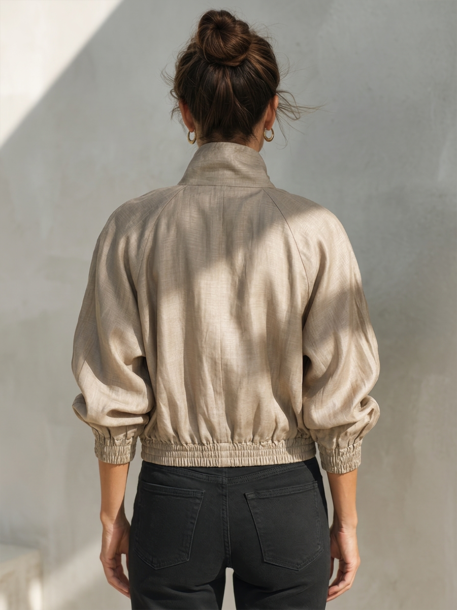 Women's Short Casual Zip-Up Jacket With Stand Collar