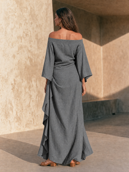 Women's Minimalist Off-Shoulder Maxi Dress With Ruffled Hem And Flared Sleeves