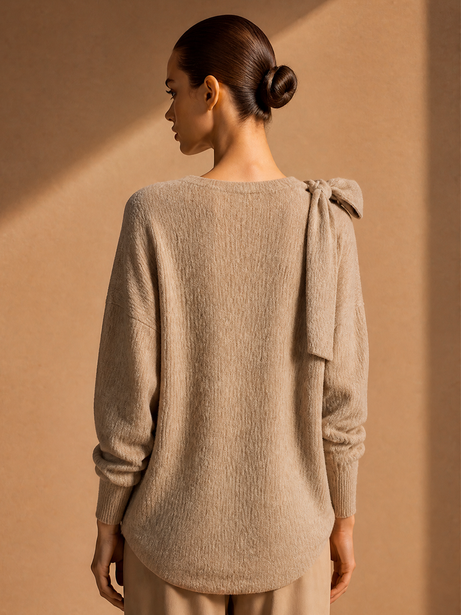 Women's Loose Chic Solid Off Shoulder Tie Detail Sweater Blouse