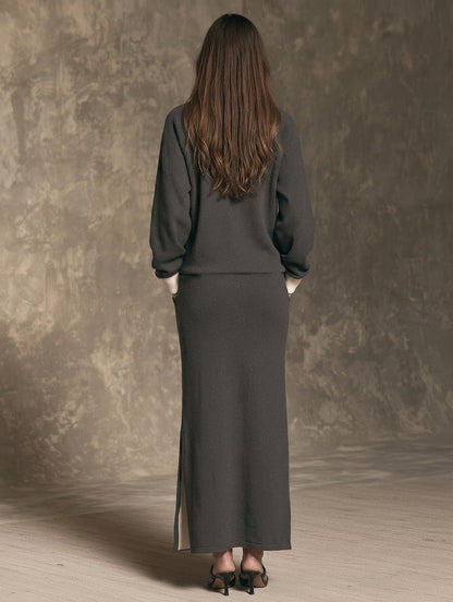 Women's Casual Long-sleeved Maxi Dress In Dark Grey Stretch Sweatshirt Fabric