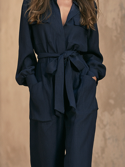 Women's Casual Dark Blue Woven Long-sleeve Jumpsuit