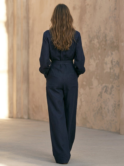 Women's Casual Dark Blue Woven Long-sleeve Jumpsuit